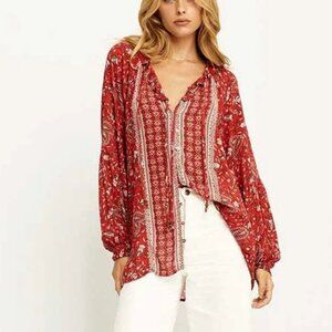 NWT Arnhem Angelis Blouse Frill Neck Long Sleeve Red Paisley AU8/US S